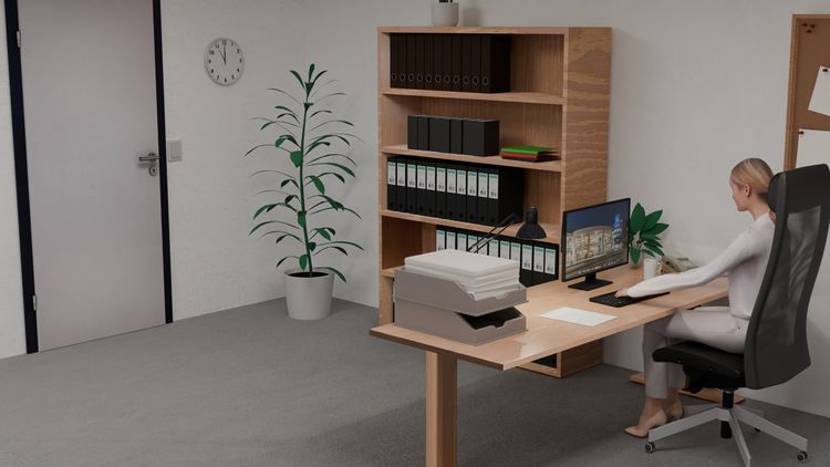 Die Grafik zeigt ein Büro der Universität Oldenburg. In der rechten Bildhälfte steht ein Schreibtisch, an disesm sitzt Claudia. Vor ihr liegt eine Zeichnung des Ausleihschrankes. Rechts von Claudia hängt eine Pinnwind. Vor dem Schreibtisch steht ein Regal mit Büchern und Ordnern.