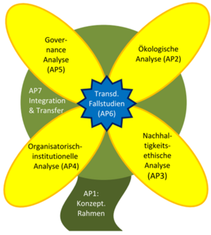 Arbeitspakete: AP1 Konzeptrahmen (Basis für alle weiteren AP), AP2 Ökologische Analyse, AP3 Nachhaltigkeitsethische Analyse, AP4 Organisatorisch-institutionelle Analyse, AP5 Governance Analyse, AP6 Transdisziplinäre Fallstudien (im Zentrum der anderen Analyseblöcke), AP7 Integration und Transfer (Umspannt alle anderen AP)