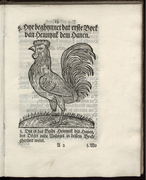 Abbildung des Hahns auf Blatt 2r aus dem Göttinger Exemplar des Drucks (Niedersächsische Staats- und Universitätsbibliothek Göttingen, Signatur 8 P GERM III, 7100). 