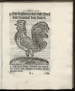 Abbildung des Hahns auf Blatt 2r aus dem Göttinger Exemplar des Drucks (Niedersächsische Staats- und Universitätsbibliothek Göttingen, Signatur 8 P GERM III, 7100). 