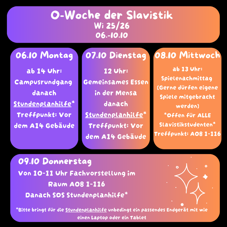 O-Woche der Slavistik Wintersemester 2024/2025 0 - 6 Angebote O-Woche