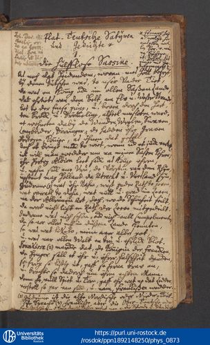 Beginn von Caspar Abels „Hülfloser Sassine“ in der Handschrift Rostock, Universitätsbibliothek, Mss. philol. 92, Blatt 13r.