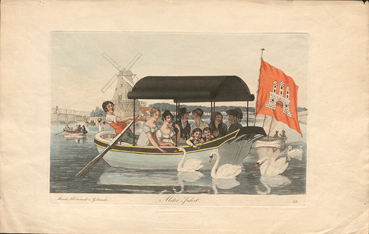 Abbildung: Eine feucht- und rauchfröhliche Lustfahrt auf der Alster, Hamburg, Anfang des 19. Jahrhunderts (von C. Suhr). Staatsarchiv Hamburg, 720-1/287-07.