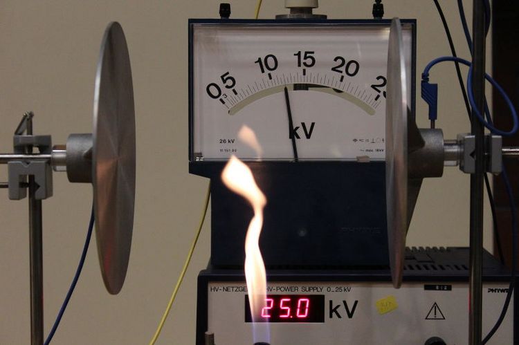 Foto einer Flamme vor einer Platte und einem Messgerät. Foto einer Flamme vor einer Platte und einem Messgerät.