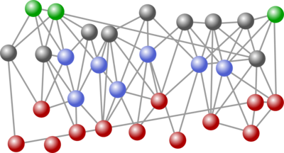 Schematic representation of a network with differently coloured network nodes. Schematic representation of a network with differently coloured network nodes.