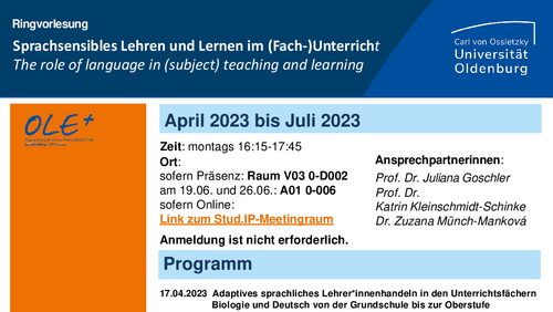 Ringvorlesung Sprachsensibles Lehren und Lernen im (Fach-)Unterricht