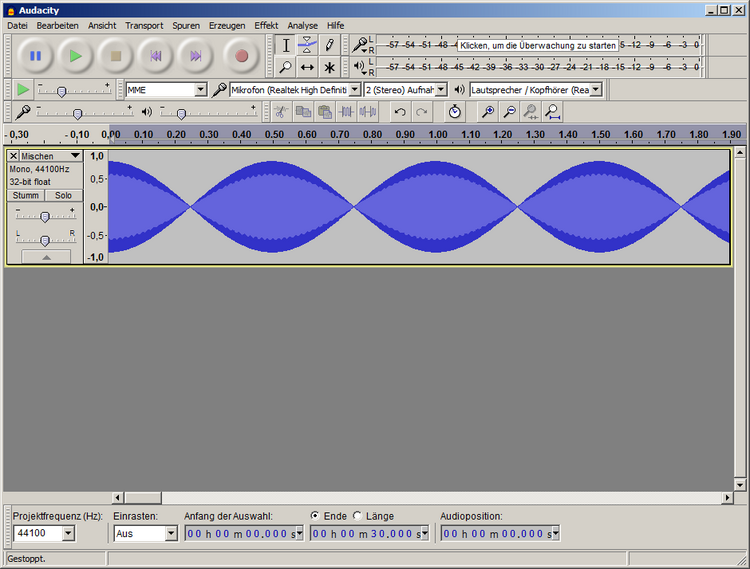 Screenshot des Programms Audacity mit Wellenpaketen.