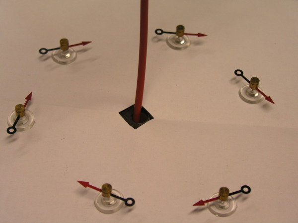 Magnetnadeln als Tangenten von Kreisförmigen Feldlinien. Foto von Magnetnadeln als Tangenten von Kreisförmigen Feldlinien um einen Stromdurchflossenen Leiter.