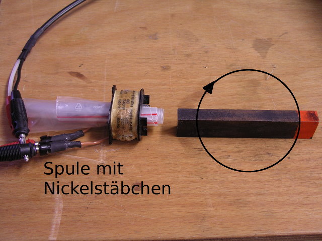 Bei Drehung des Magneten werden durch das Umklappen der Domänen im Nickel Spannungen in der Spule induziert. Foto eines Nickelstäbchens in einer Spule mit Dauermagnet davor.