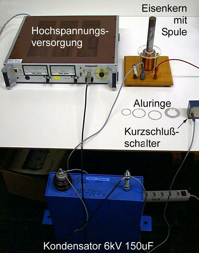 Foto des Versuchsaufbaus nach Elihu Thomson. Spule mit Eisenkern, Kondensator als Energiespeicher und Netzteil.