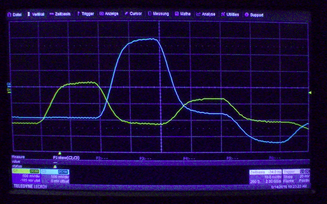 Oszilloskopbild eines Pulses und seiner Reflexionen. Oszilloskopbild eines Pulses und seiner Reflexionen.