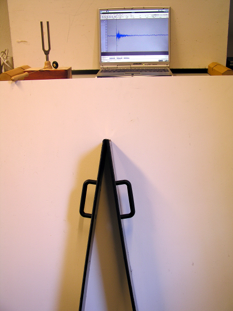 Foto einer Stimmgabel, einer Signalklappe und eines Computerbildschirms. Foto einer Stimmgabel, einer Signalklappe und eines Computerbildschirms.