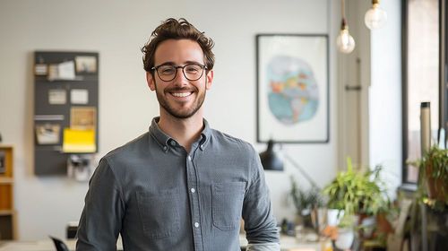 Porträt eines jungen lächelnden Mannes oder Geschäftsmannes, der in einem kreativen Büro steht