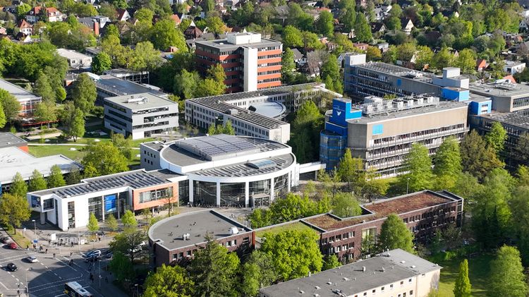 Campus mit Hörsaalzentrum, A1-A6 und A12 Blick von oben auf den Campus Haarentor mit Hörsaalzentrum