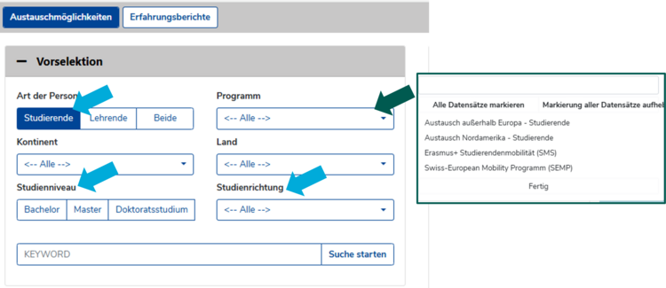 Erasmus+ Filteroptionen Verschiedene Filteroptionen in Mobility Online