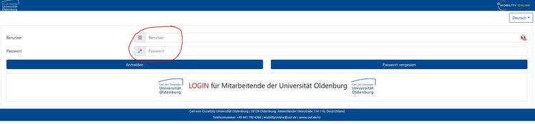 Login Mobility Online Screenshot der Anmeldeseite für "Mobility Online" der Carl von Ossietzky Universität Oldenburg. Die Felder für Benutzername und Passwort sind hervorgehoben und bieten Eingabemöglichkeiten für Studierende. Darunter befindet sich ein separates Login-Feld für Mitarbeitende der Universität, was auf eine alternative Anmeldeoption hindeutet.