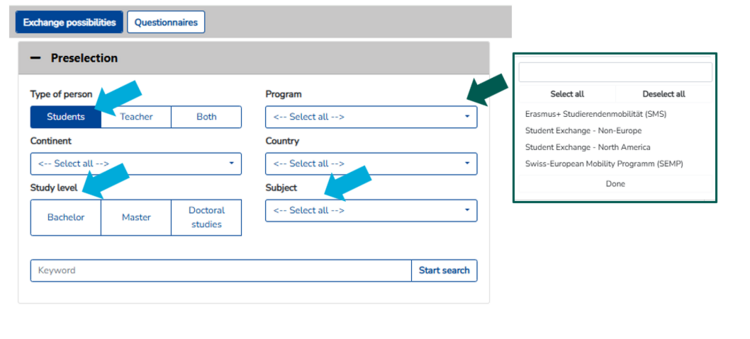 Erasmus+ filters Various filter options on Mobility Online