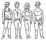 Zeichnung der vier Mitarbeiterinnen der Internen Evaluation, von rechts: Rosa Knierim, Dr. Nicola Albrecht, Dr. Janina Thiem, Lisa Preller