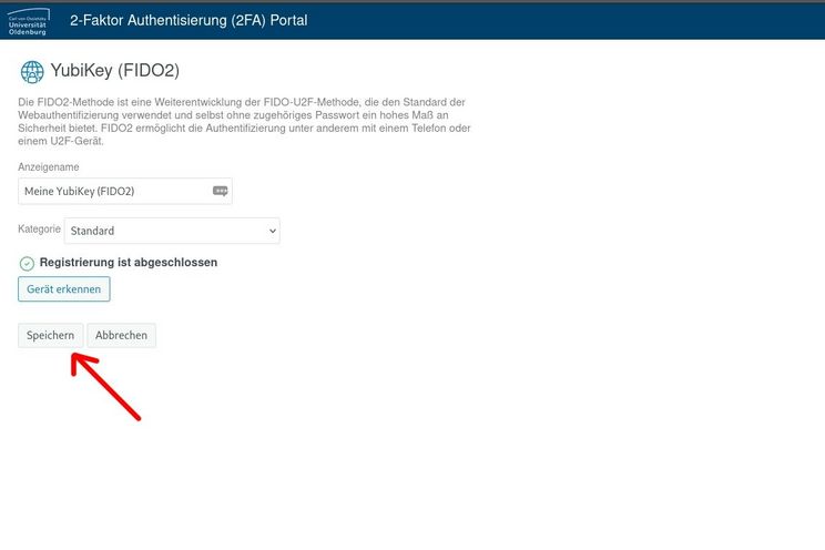 YubiKey erfolgreich registriert
