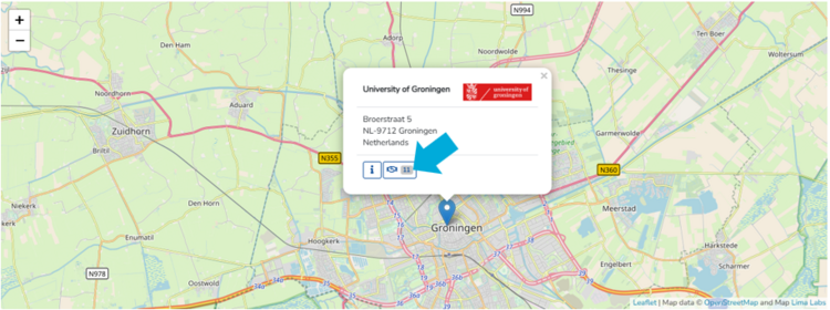 Erasmus+ subject coordinator - Step 1 Click on the pin symbol for your university and then the small handshake symbol (see arrow in the screenshot)