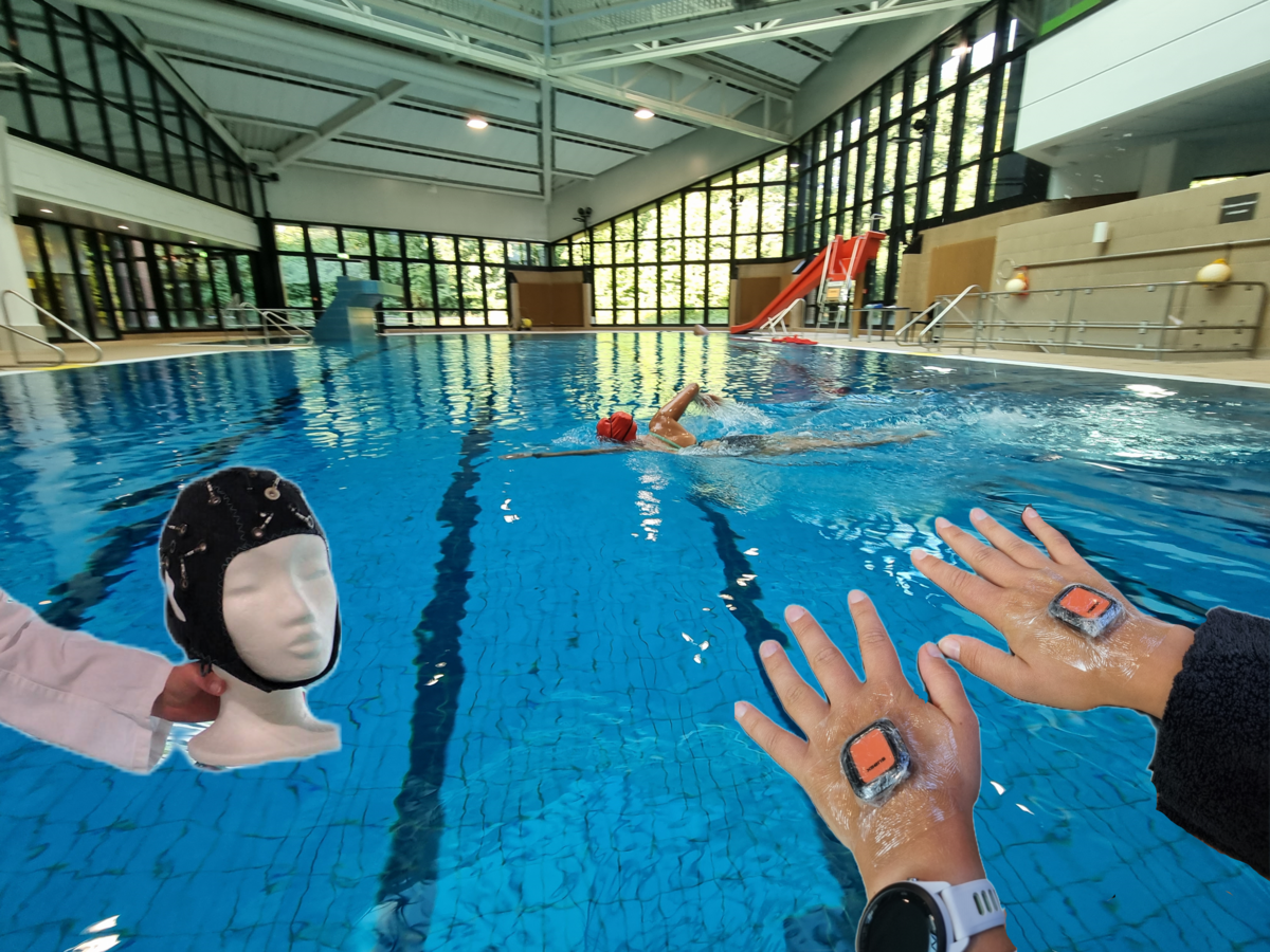 Gehirnwellen - Der Einfluss des Schwimmens auf unser Gehirn — Sophie Paape — In dieser Studie wird erstmals mit einer EEG Messung im Wasser untersucht, wie sich eine Schwimmeinheit auf unser Gehirn und die Gedächtnisleistung auswirkt. Zusätzlich werden die Bewegungen mittels Sensoren an den Händen gemessen. 