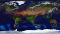 Image of the entire surface of the Earth with continents and oceans, above which the aerosol distributions are shown as additional colour shading. 