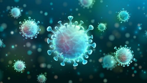 Das Bild zeigt eine mikroskopische Aufnahme eines Coronavirus. Zu erkennen sind auch dessen Spikeproteine.