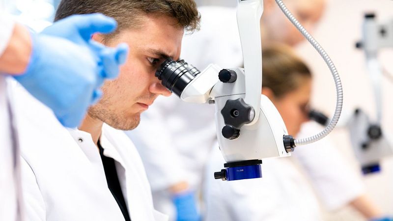 Medizinstudent blickt durch ein Mikroskop