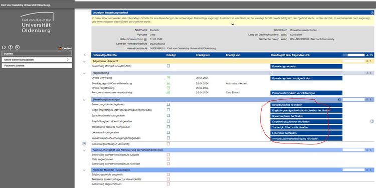 Bewerbungsunterlagen Screenshot des Online-Bewerbungsportals der Carl von Ossietzky Universität Oldenburg. Es zeigt eine Übersicht über den Bewerbungsstatus mit Informationen zu den notwendigen Schritten und deren Erledigung. Grüne Häkchen kennzeichnen bereits abgeschlossene Schritte. Mehrere Zeilen im Bereich "Bewerbungsunterlagen" sind rot umrandet, was darauf hinweist, dass die entsprechenden Dokumente noch hochgeladen oder vervollständigt werden müssen.