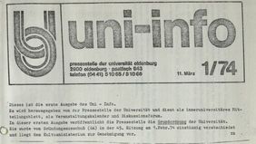 Das Bild zeigt die allererste Ausgabe von UNI-INFO. Als Herausgeber ist die Pressestelle angegeben. Auch das alte Logo, ein U, dessen Bogen durch ein O läuft, ist abgebildet.