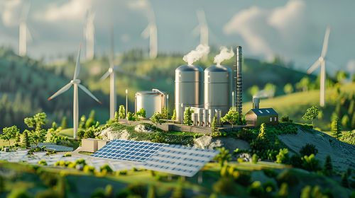 Bild: eine grüne Wasserstoffproduktionsanlage mit Sonnenkollektoren und Windturbinen, die sauberen Strom erzeugen.