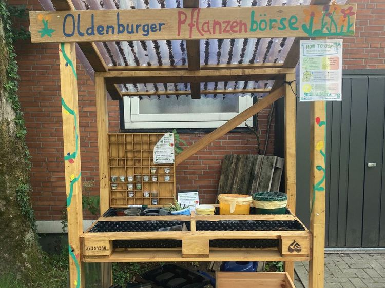 Das Foto zeigt die aus Holz und Paletten gebaute Saatgutbörse. Sie ist mit einem Wellblechdach abgedeckt und es befinden sich viele leere Plastikblumentöpfte und Erde vor Ort. 