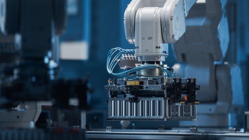 Roboterarm setzt Batteriepack auf ein Fließband.