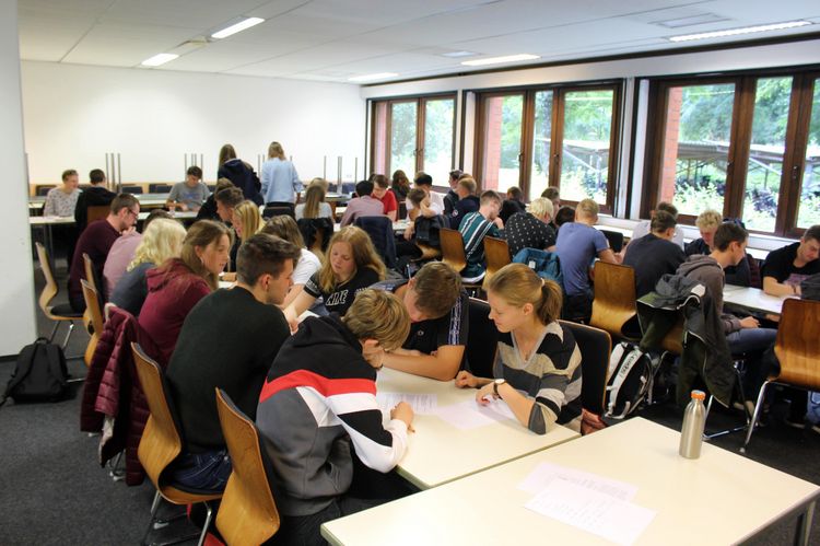 Schülerinnen und Schüler arbeiten an großen Tischen