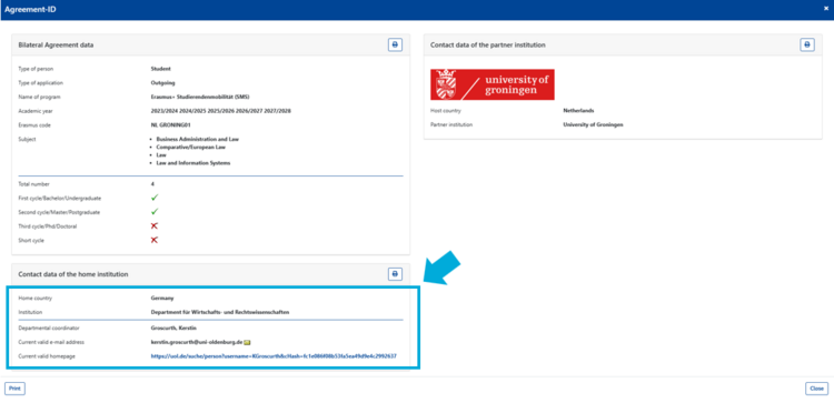 Erasmus+ subject coordinator - Step 3 Further information on the exchange places and the contact details of the home institution will appear, including the contact details of your Erasmus+ departmental coordinator.
