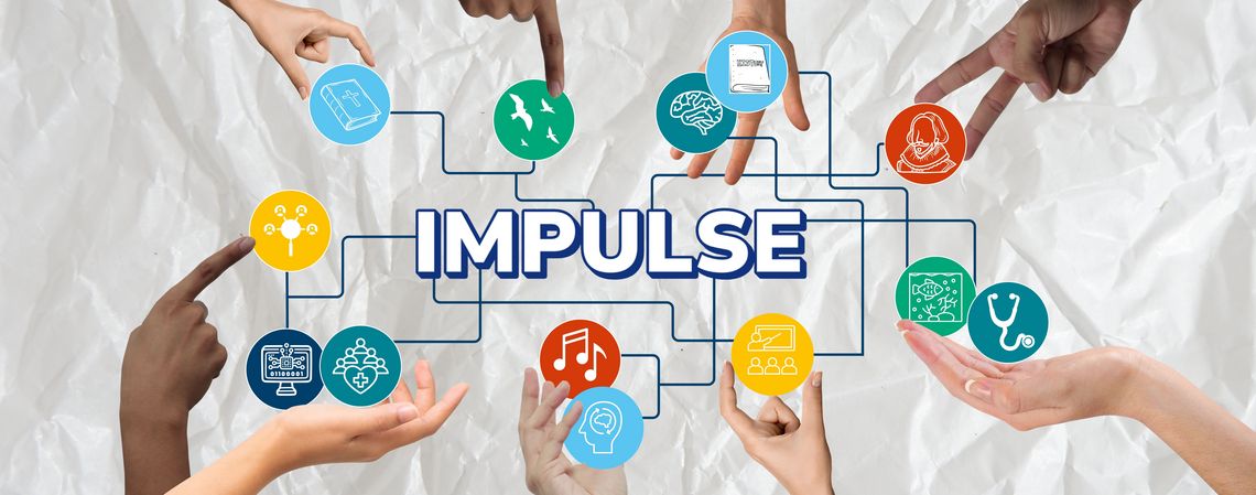 breite Impulsgruppen Hände - 1 Hände halten Kreise mit Icons, die die beteiligten Institute und Departments symbolisieren, ins Bild. In der Mitte steht das Wort Impulse. Die Kreise und das Wort sind mit zahlreichen Linien vernetzt.