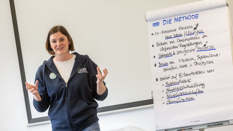 Eine Frau erklärt etwas vor einem Flipchart.