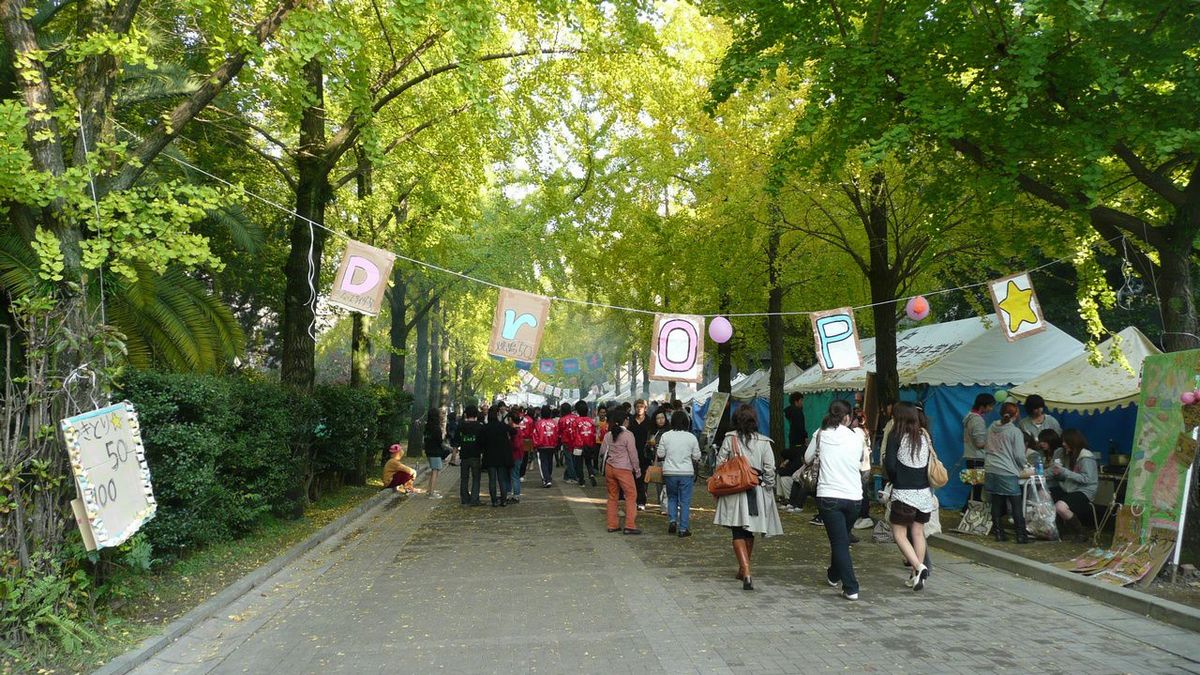 Das Bild zeigt eine Baumallee, die mit bunten Flaggen und Bannern geschmückt ist. Viele Menschen schlendern entlang des Weges, vorbei an Ständen und Zelten des Kagoshima University Festivals. Die Atmosphäre wirkt lebhaft und fröhlich
