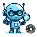 Kleiner blauer Roboter mit Lupe, KI-generierte Abbildung