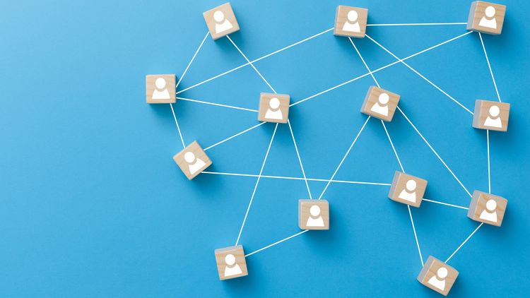 Symbol image in which boxes with stylised persons are connected by lines 
