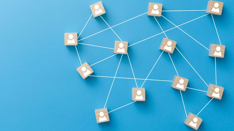 Abstraktes Bild mit Holztäffelchen, die durch Linien zu einem Netz verbunden sind.