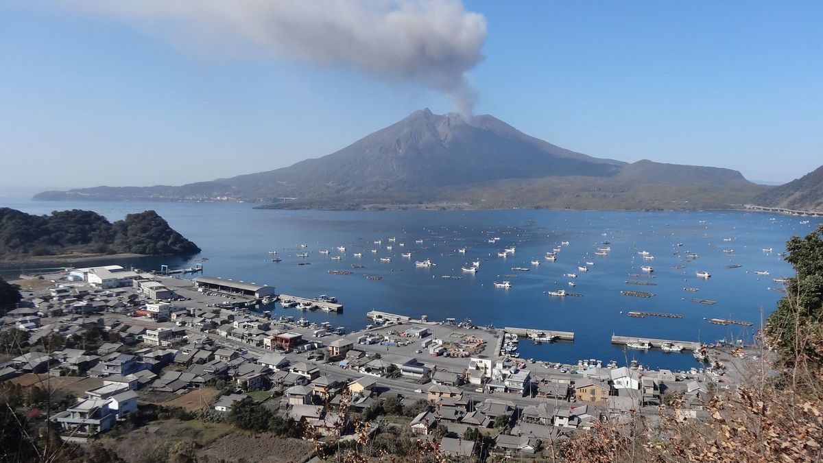 Das Bild zeigt den aktiven Vulkan Sakurajima, der über der Bucht von Kagoshima aufragt. Rauch steigt aus dem Krater auf, was auf vulkanische Aktivität hinweist. Die Bucht ist mit vielen Booten und Fischeranlagen übersät, und im Vordergrund ist eine Küstenstadt zu sehen.
