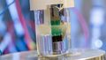 Close-up of a beaker containing a transparent liquid, in which an electrode made of a flat metal strip and one made of a knotted metal wire are inserted. Several gas bubbles can be seen on the front electrode.