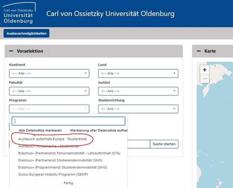 Programm „Austausch außerhalb Europas –  Studierende”  Screenshot der Datenbank "Mobility Online" mit einer Suchmaske für Austauschprogramme der Carl von Ossietzky Universität Oldenburg. Die Suchmaske bietet verschiedene Filteroptionen, wie Kontinent, Land, Fakultät und Studienrichtung. Die Zeile "Austausch Nordamerika - Studierende" unter der Filteroption "Programm" ist rot umkreist, was darauf hindeutet, dass diese Option im Fokus der aktuellen Suche oder Auswahl steht.