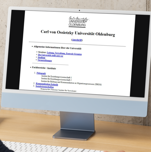 Das Bild zeigt die Website der Uni, wie sie im Jahr 1995 aussah. Die Homepage kommt ganz ohne Bilder aus, lediglich das Unilogo lockert den Text auf. Auf der Startseite konnte man sich über die Struktur der Uni informieren und Unterseiten verschiedener Fachbereiche und Verwaltungseinheiten aufrufen.