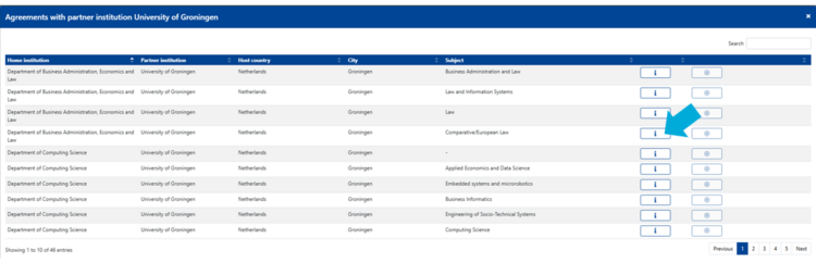 Erasmus+ subject coordinator - Step 2 Click on the Info icon for your field of study/degree programme.
