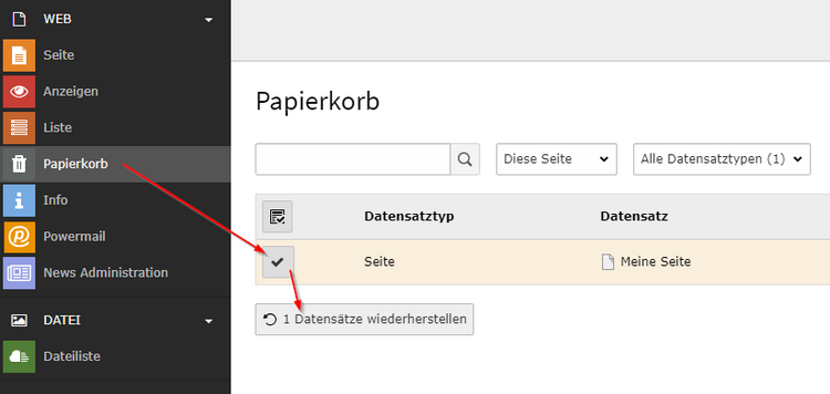 Gelöschte Seite wiederherstellen Screenshot: Gelöschte Seite wiederherstellen