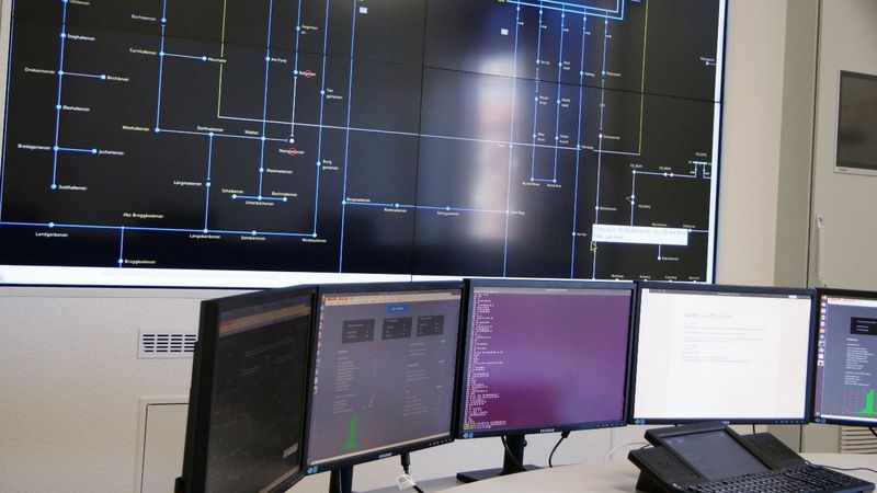Ein großser Bildschirm mit einem Schaltbild an der Wand, darunter sind mehrere große Computerbildschirme nebeneinander aufgereiht, ähnlich wie in einem Kontrollzentrim