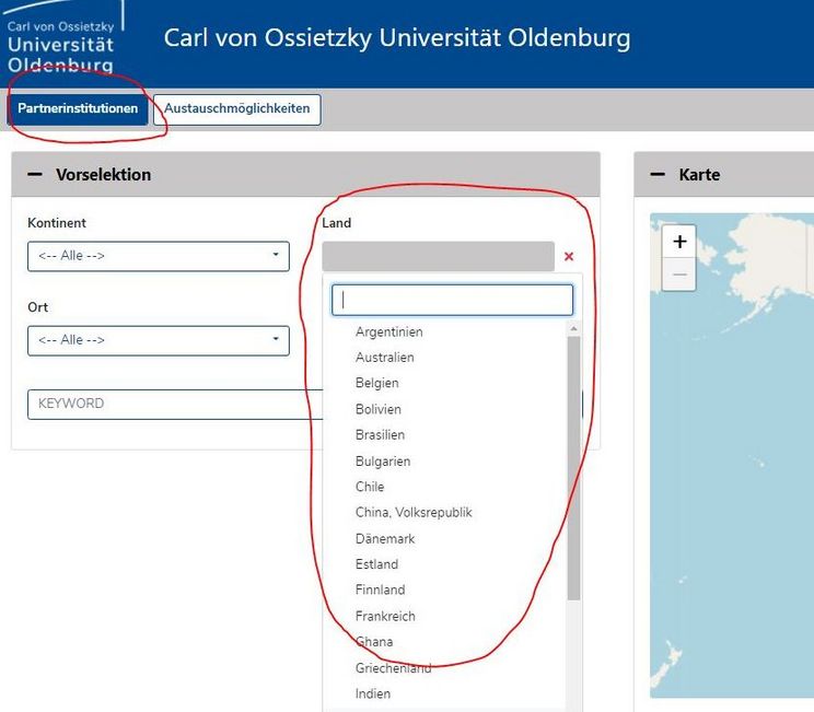 Länderauswahl bei Mobility Online