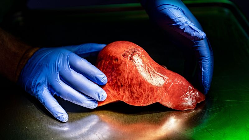 Großaufnahme eines sehr echt aussehenden Lebermodells, das von zwei Händen in Handschuhen berührt wird. 